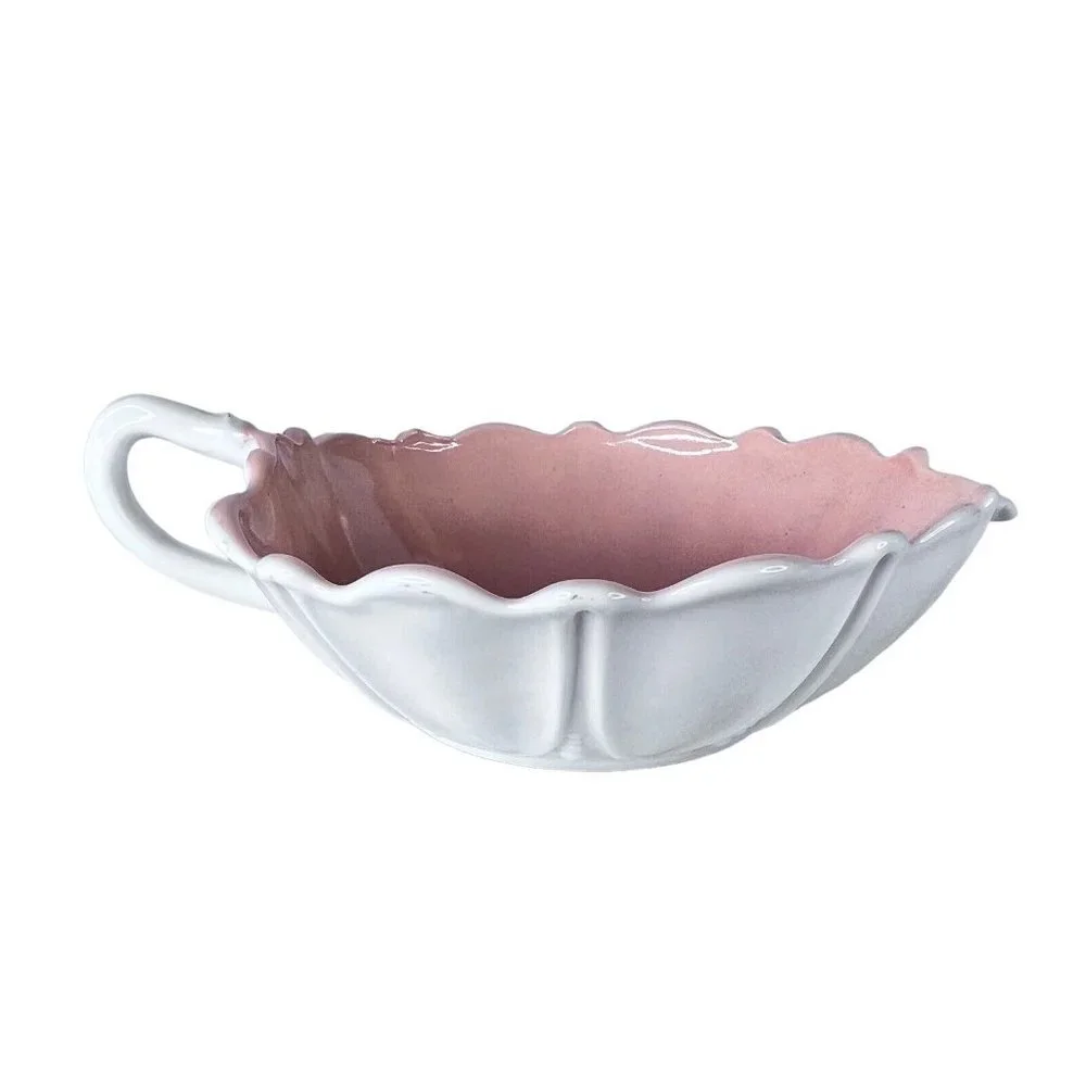 2 Anchor Hocking Oyster And Pearl Dish Green Pink White Vitrock Finger‎ Handle